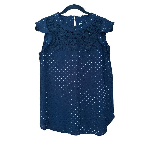 Loft Cap Flutter Sleeve Navy Top with White Polka Dots Lace Details Size Small - Picture 3 of 5